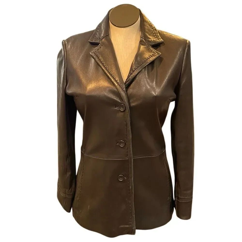 Jones New York Womens Leather Jacket M Black Button Closure Notch Collar Lined